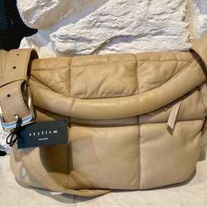 NWT STYLISM Camel Sheepskin Oversized Puffy Quilted Sling Bag